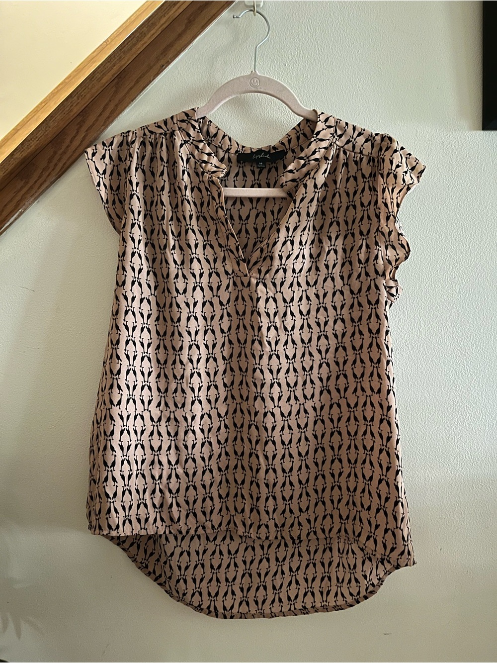 Cap-Sleeve Blush Pink Printed V-Neck Blouse